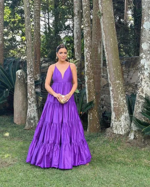 Vibrant A-Line V-Neck Spaghetti Strap Plain Back Floor Length Formal Evening Dress