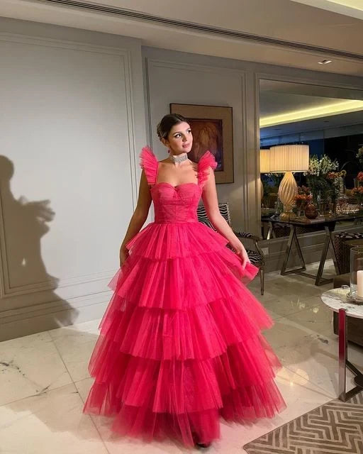Vibrant Ball Gown Sweetheart Neck Ruffle Sleeve Open Back Floor Length Evening Dress