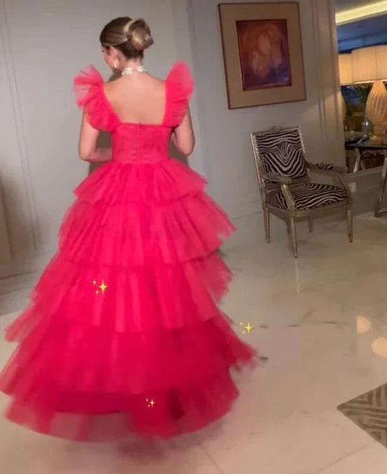 Vibrant Ball Gown Sweetheart Neck Ruffle Sleeve Open Back Floor Length Evening Dress