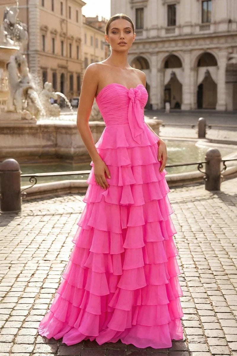 Vibrant Ball-Gown Sweetheart Strapless Lace-Up-Back Bow-Detail Ruffled-Hem Floor-Length Prom Dress