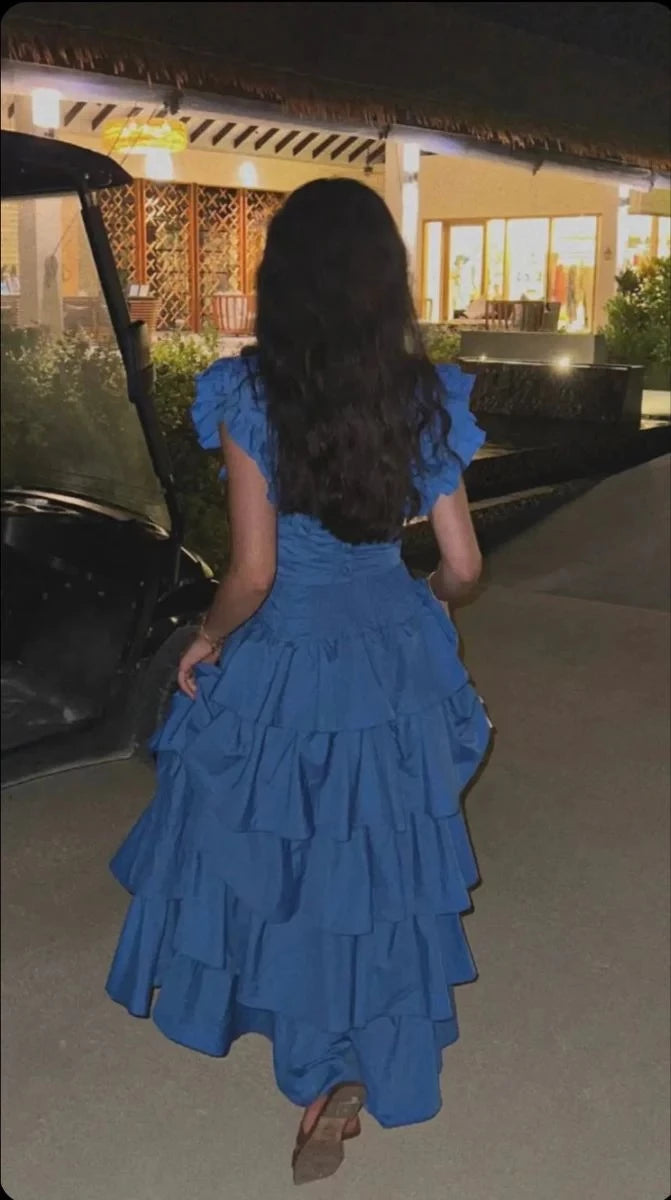 Vibrant Ball-Gown V-Neck Ruffled-Sleeve Button-Back Tiered-Ruffle Floor-Length Prom Dress