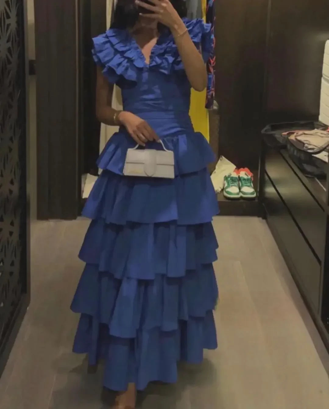 Vibrant Ball-Gown V-Neck Ruffled-Sleeve Button-Back Tiered-Ruffle Floor-Length Prom Dress