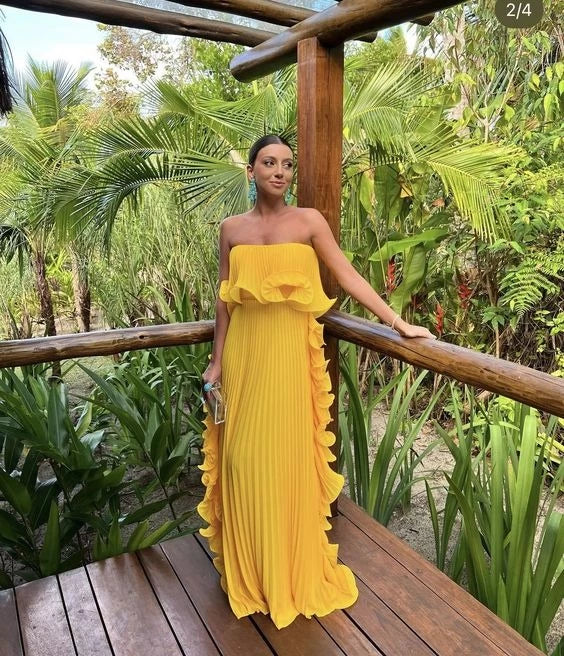 Vibrant Column Strapless Neck Sleeveless Open Back Ruffled Pleated Floor Length Evening Dress