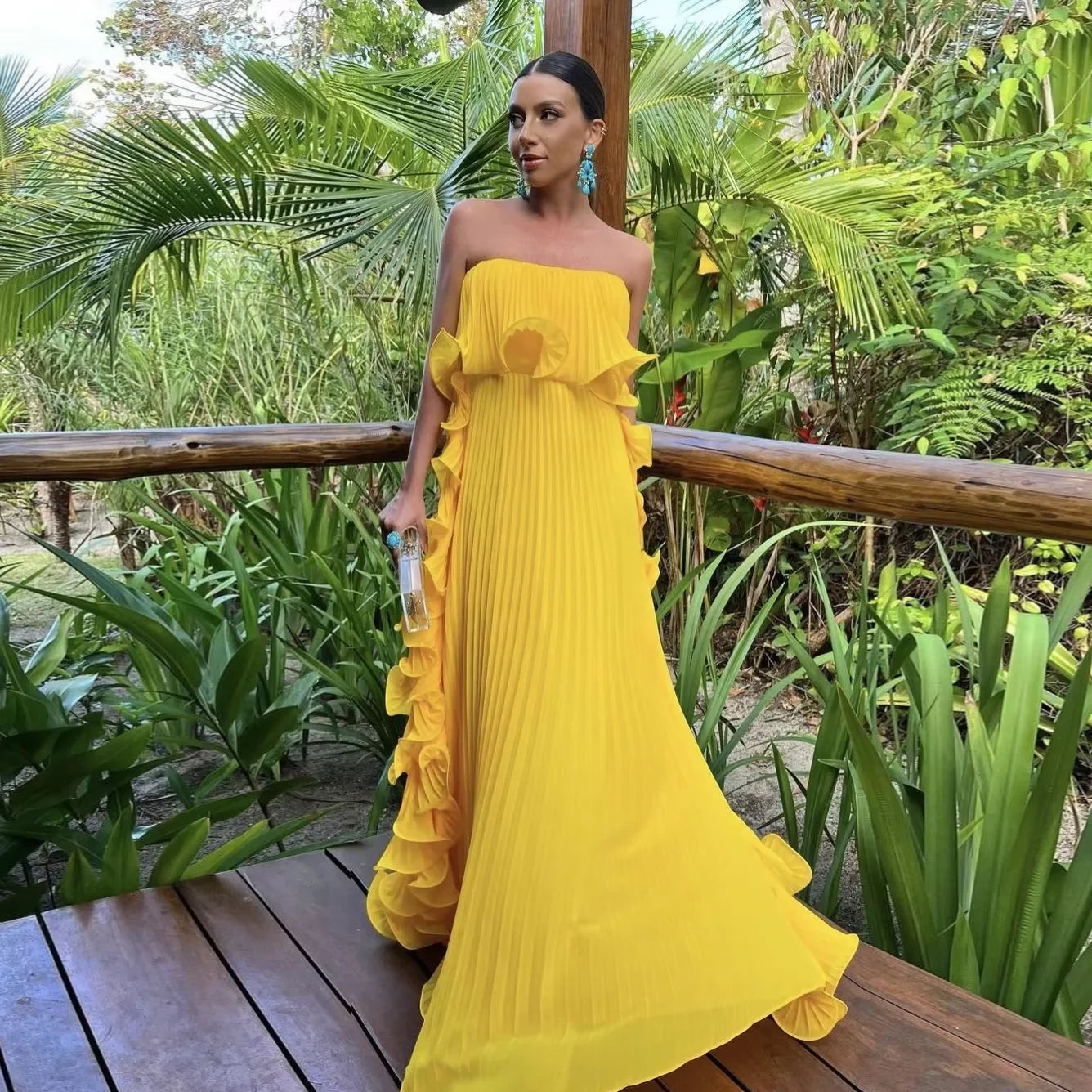 Vibrant Column Strapless Neck Sleeveless Open Back Ruffled Pleated Floor Length Evening Dress