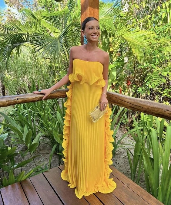 Vibrant Column Strapless Neck Sleeveless Open Back Ruffled Pleated Floor Length Evening Dress