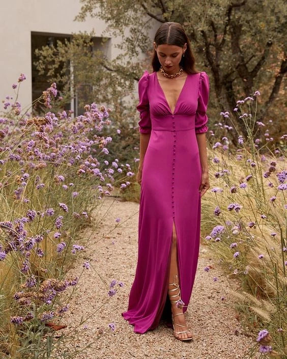 Vibrant Column V Neck Puff Sleeve Open Back High Slit Floor Length Evening Dress