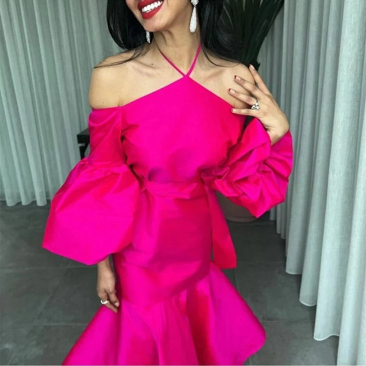 Vibrant Mermaid Halter-Asymmetric Puff-Sleeve Bow-Back Midi Evening Dress