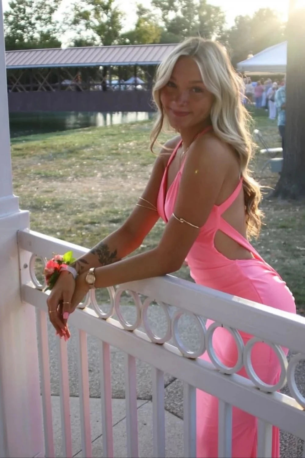 Vibrant Pink Halter Open Back Mermaid Prom Dresses - Formal Gown