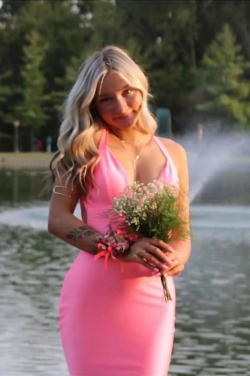 Vibrant Pink Halter Open Back Mermaid Prom Dresses - Formal Gown
