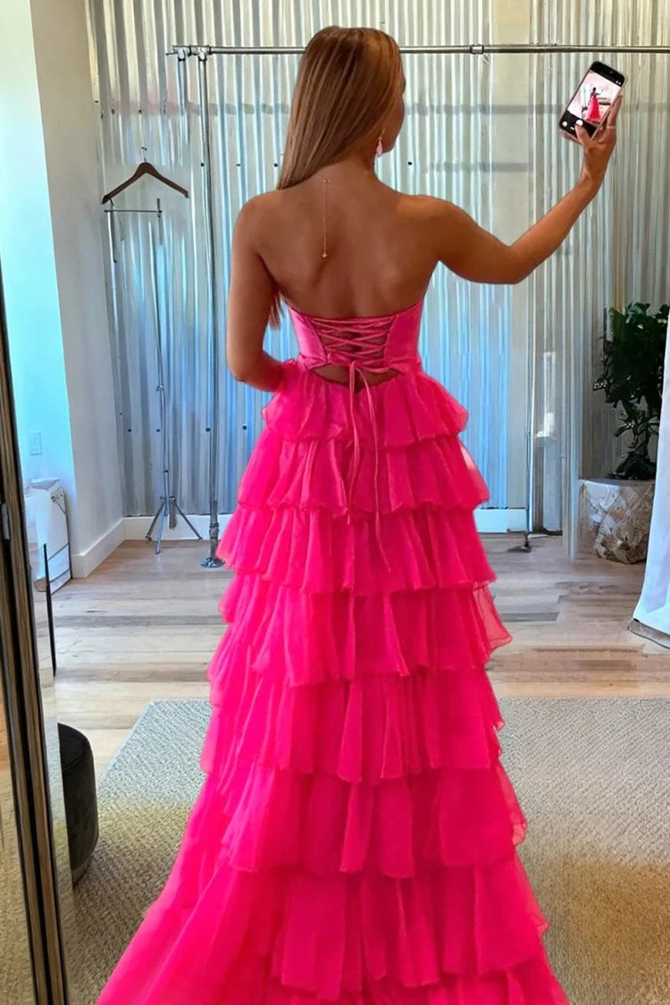 Vibrant Mermaid Sweetheart Strapless Lace-Up-Back Cutout-Detail Ruffled-Hem Floor-Length Prom Dress