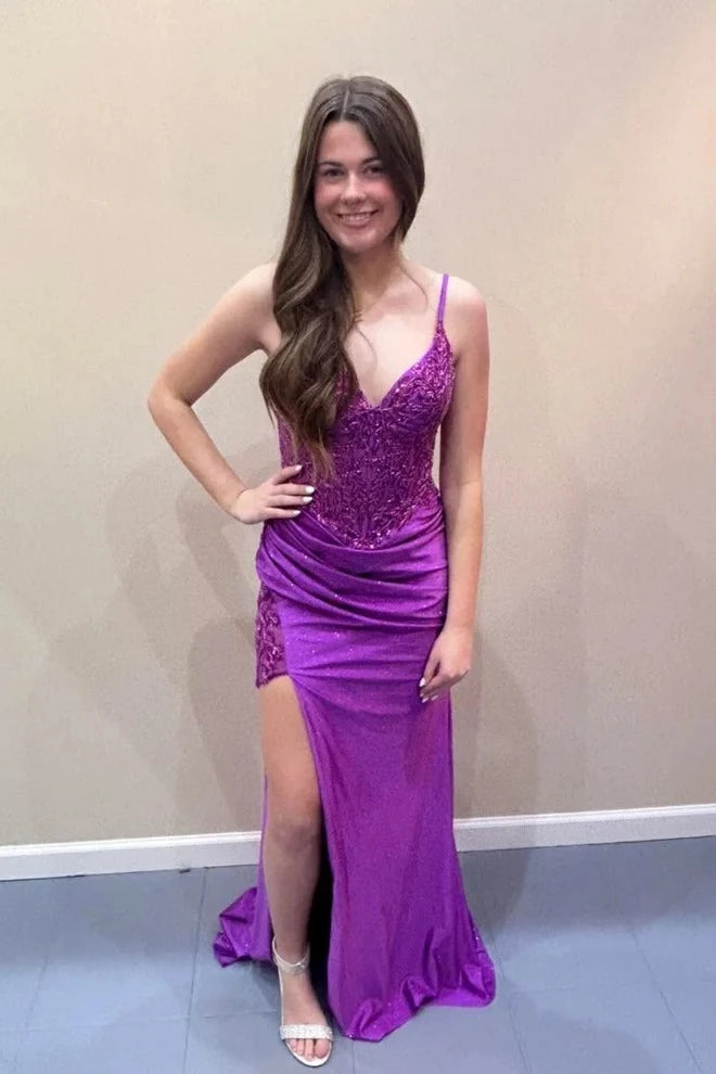 Vibrant Mermaid V-Neck Spaghetti Strap Open Back Floor Length Formal Prom dresses
