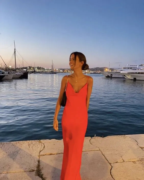 Vibrant Sheath Cowl Neck Spaghetti Strap Plain Back Floor Length Formal Evening Dress