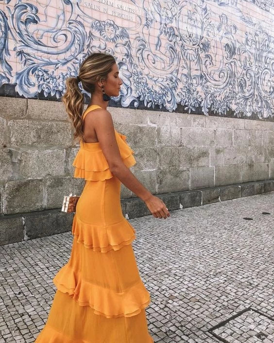 Vibrant Sheath Halter Neck Sleeveless Open Back Ruffled Tiered Midi Evening Dress