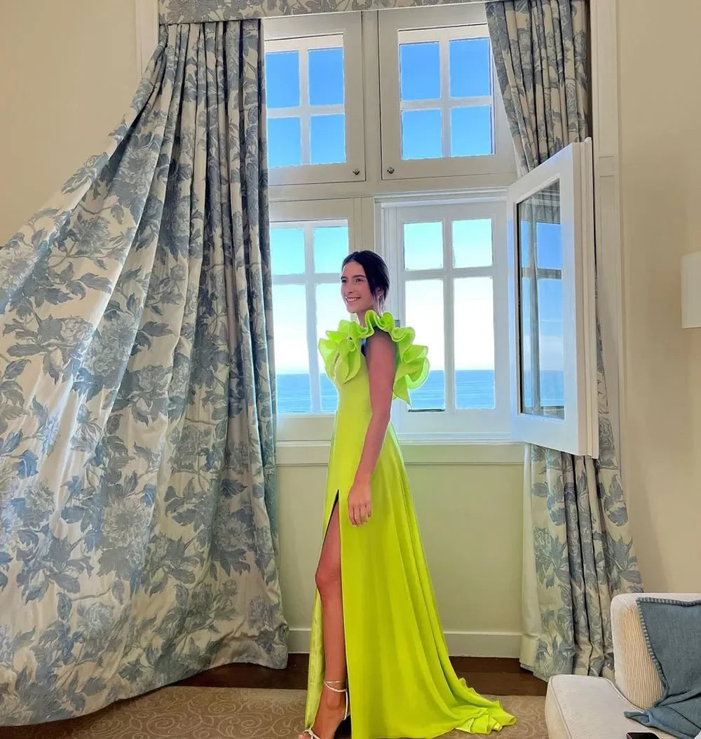 Vibrant Sheath V-Neck Sleeveless Button-Back Ruffle-Shoulder Slit-Detail Floor-Length Prom Dress