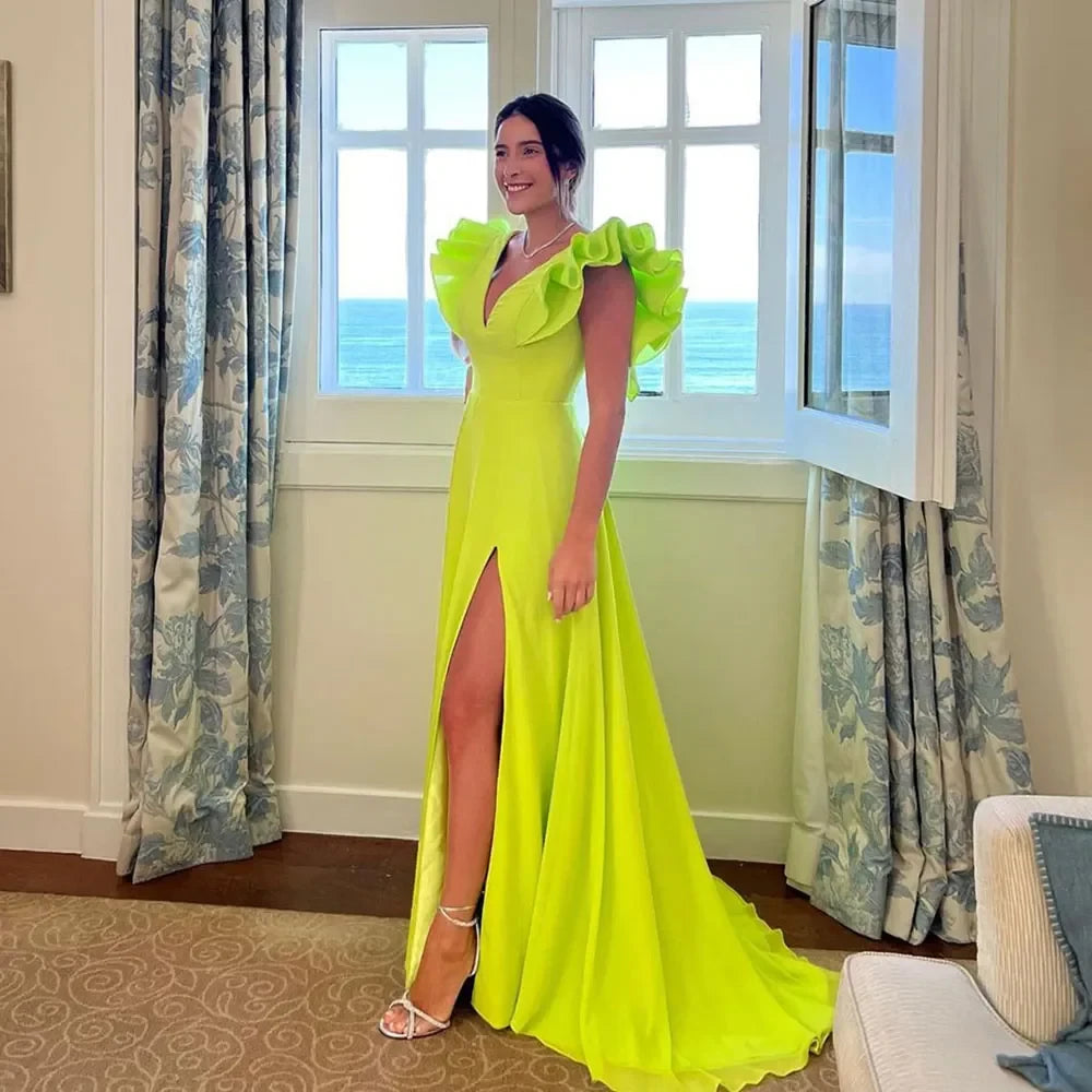 Vibrant Sheath V-Neck Sleeveless Button-Back Ruffle-Shoulder Slit-Detail Floor-Length Prom Dress