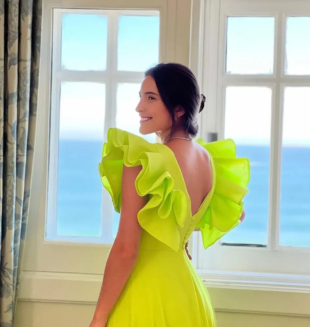 Vibrant Sheath V-Neck Sleeveless Button-Back Ruffle-Shoulder Slit-Detail Floor-Length Prom Dress