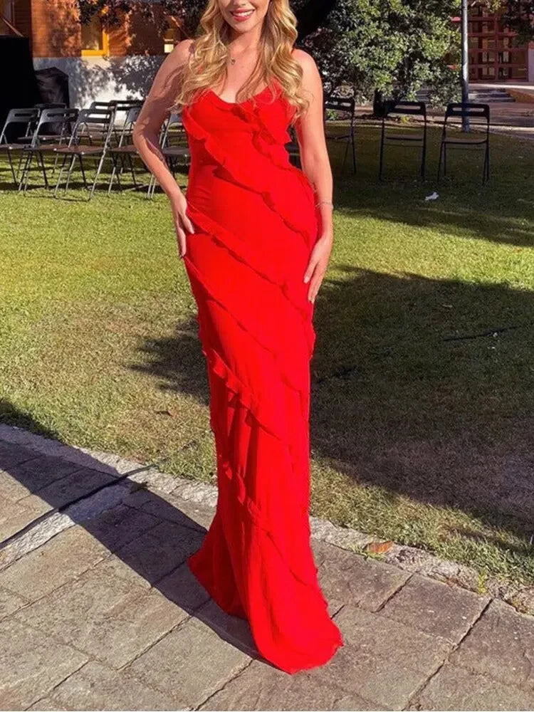 Vibrant Sheath V-Neck Spaghetti Strap Open Back Floor Length Evening Dress