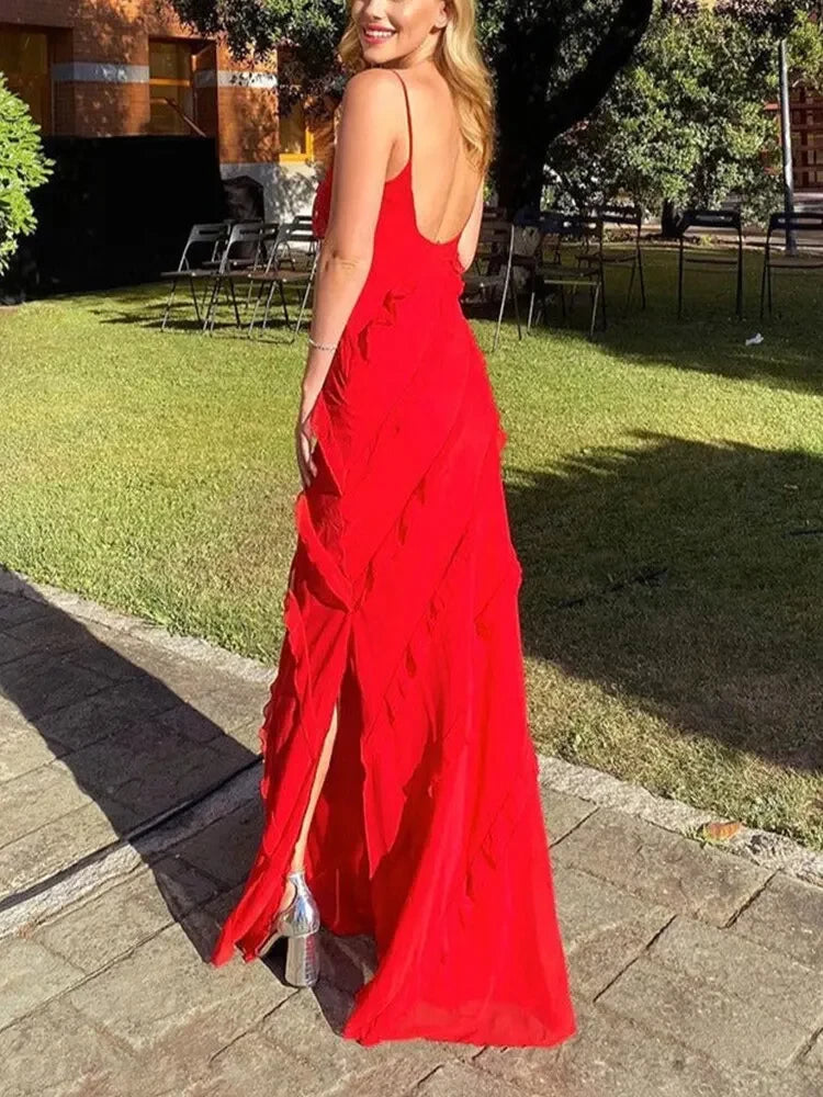 Vibrant Sheath V-Neck Spaghetti Strap Open Back Floor Length Evening Dress