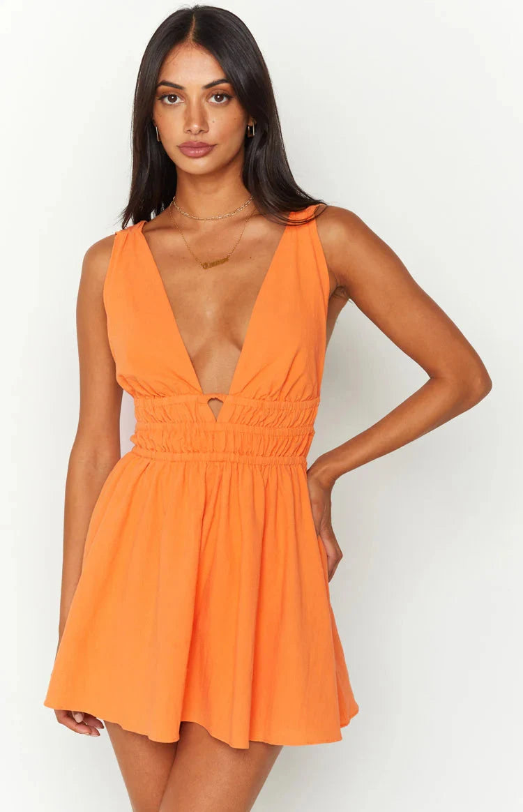 Vibrant A-Line Deep V-Neck Sleeveless Ruched Open Back Orange Mini Homecoming Dress