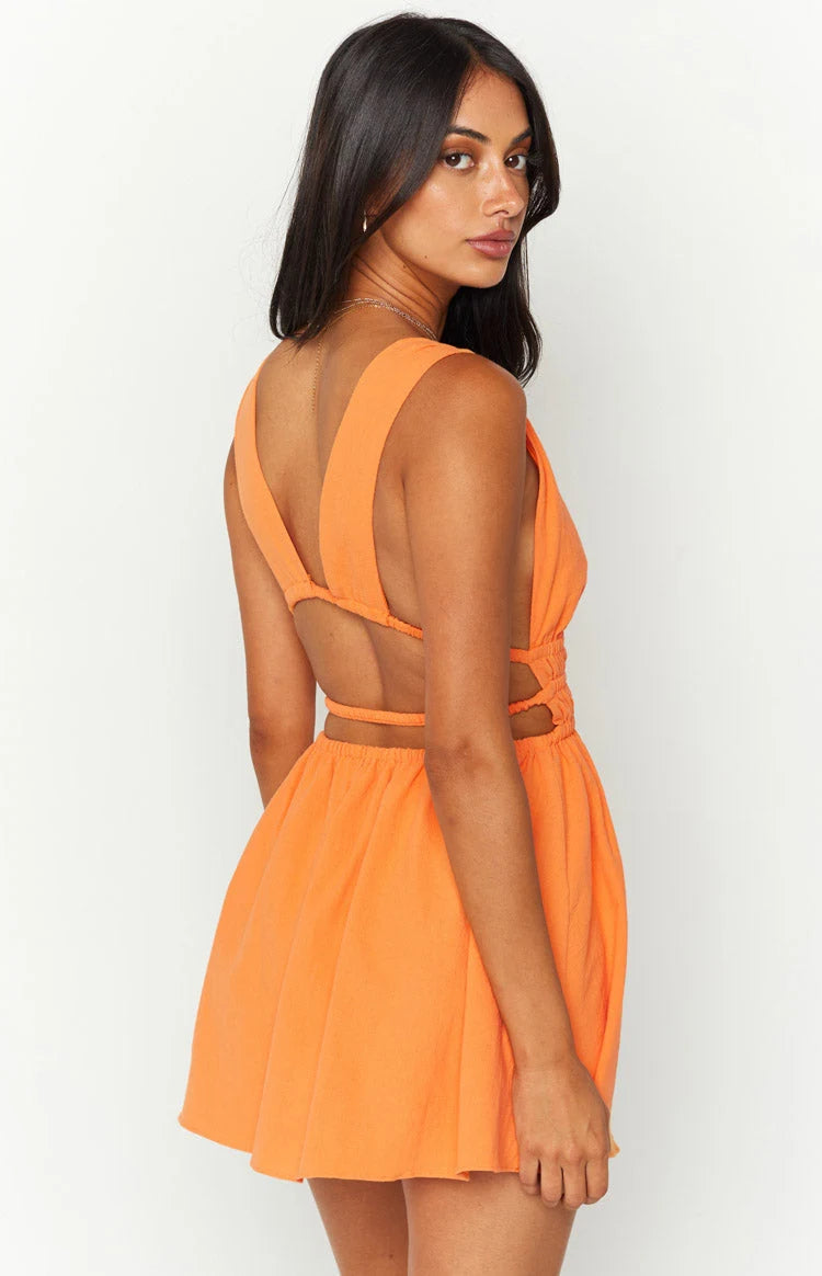 Vibrant A-Line Deep V-Neck Sleeveless Ruched Open Back Orange Mini Homecoming Dress
