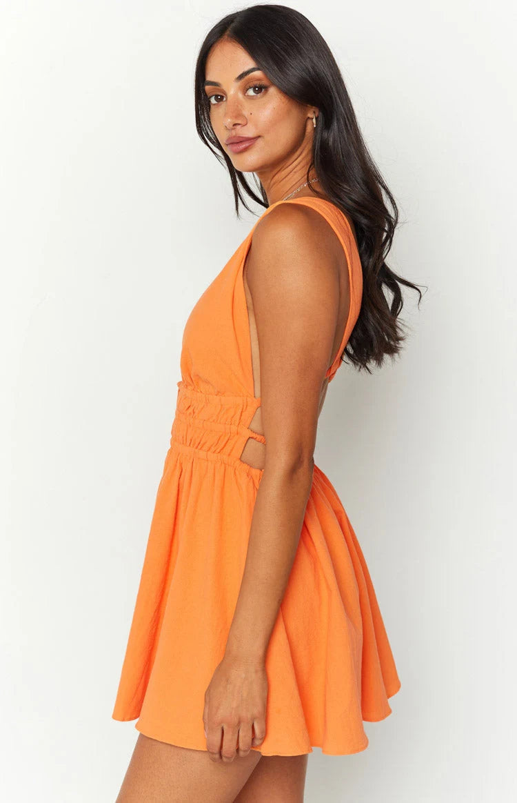 Vibrant A-Line Deep V-Neck Sleeveless Ruched Open Back Orange Mini Homecoming Dress