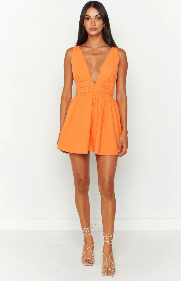 Vibrant A-Line Deep V-Neck Sleeveless Ruched Open Back Orange Mini Homecoming Dress