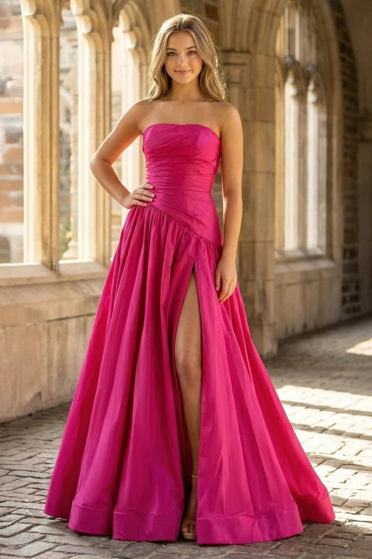 Vibrant A-Line Strapless Sleeveless Ruched High Slit Fuchsia Floor-Length Prom Gown