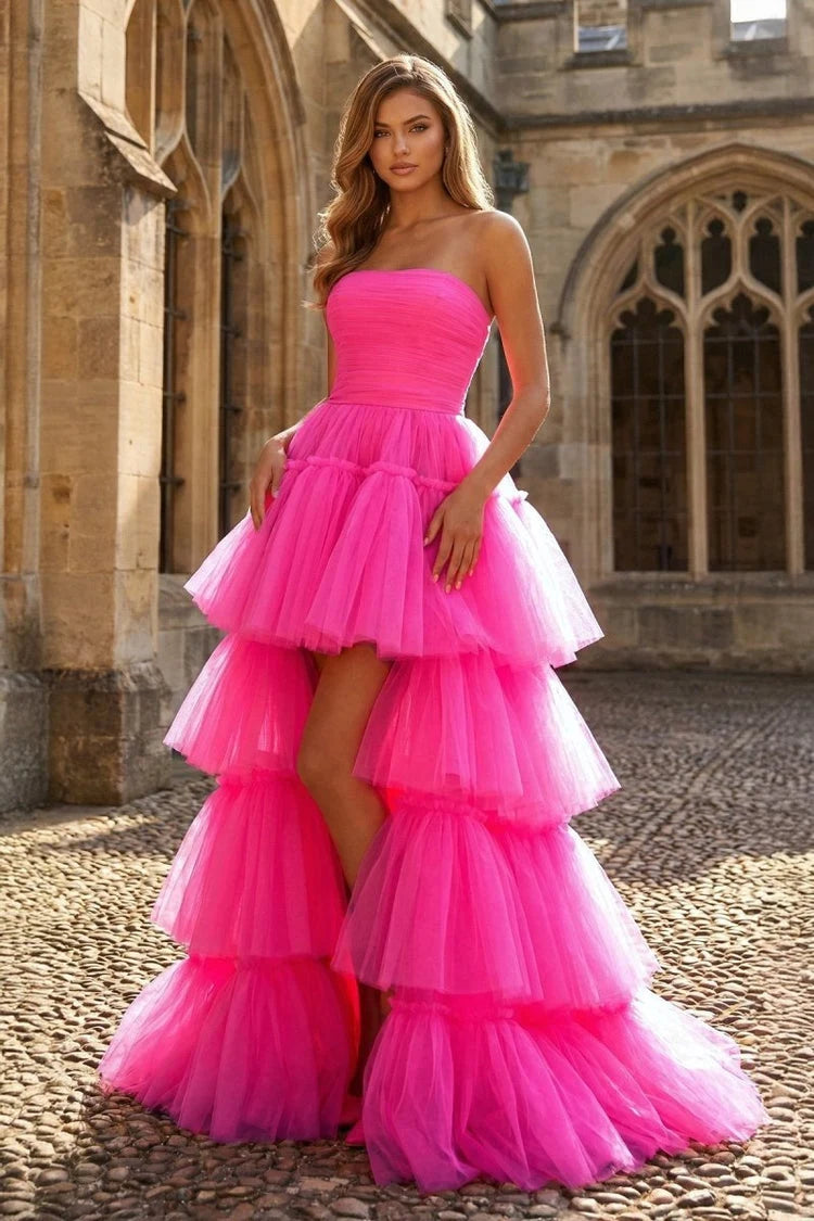 Vibrant A-Line Strapless Tiered Ruffle High-Low Hot Pink Prom Dress Women's Gown