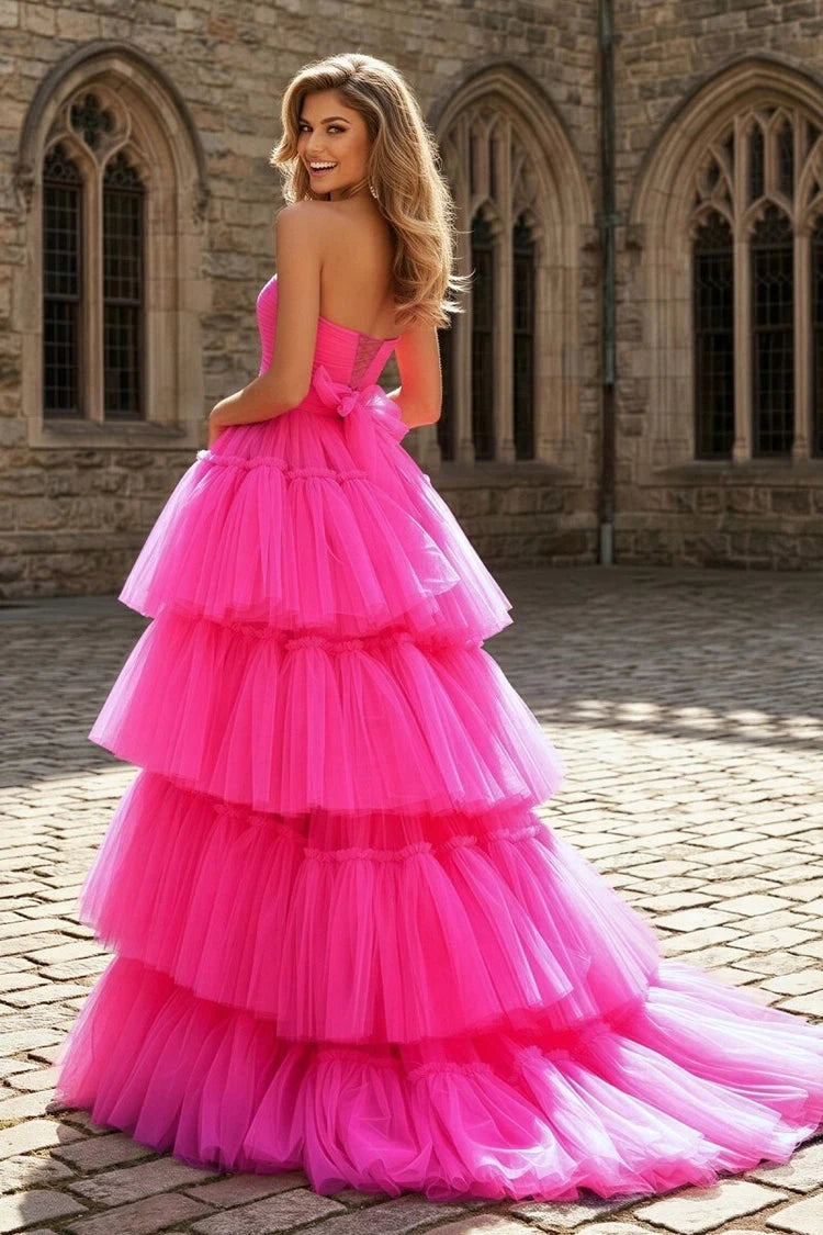 Vibrant A-Line Strapless Tiered Ruffle High-Low Hot Pink Prom Dress Women's Gown