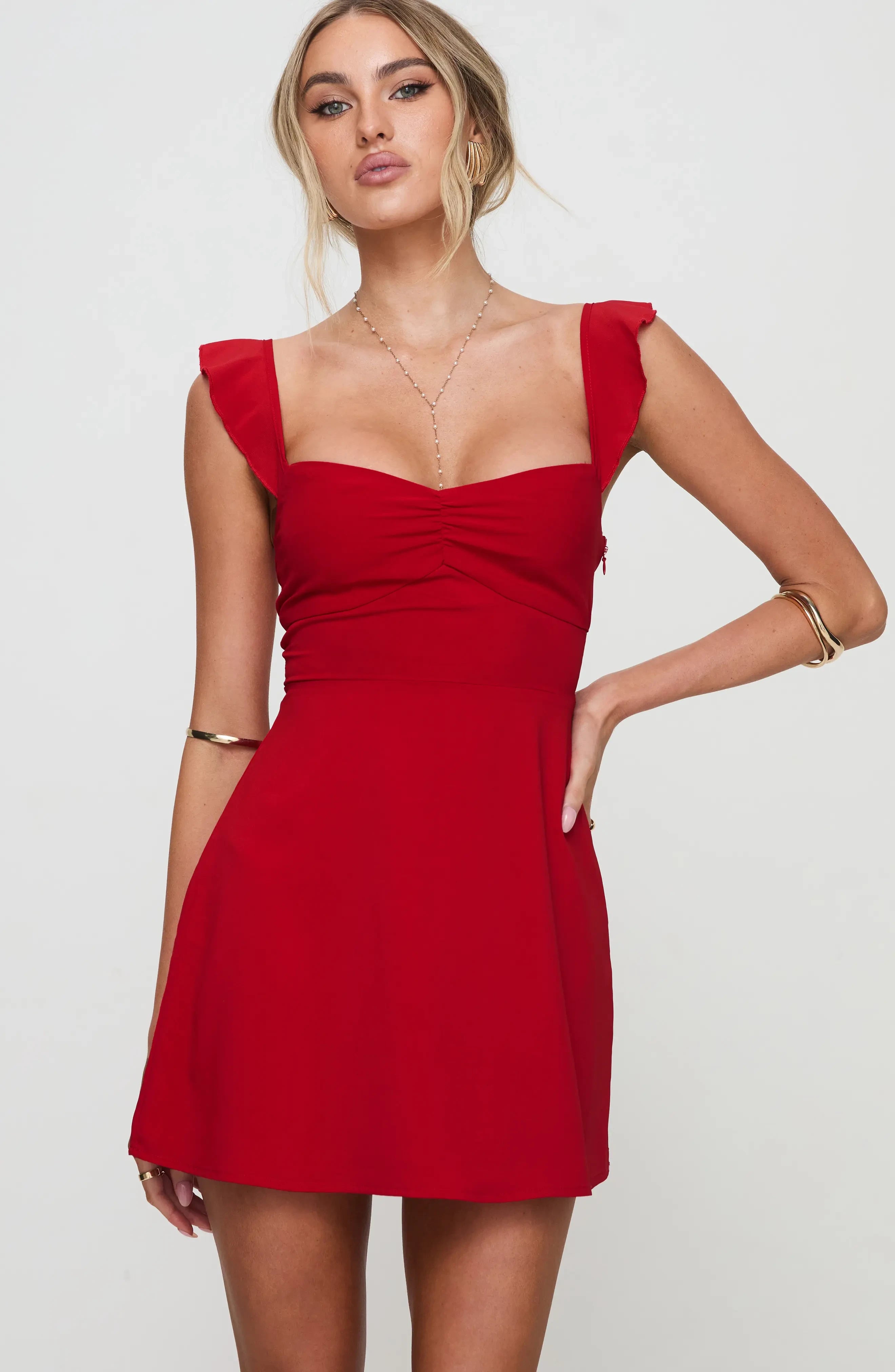 Vibrant A-Line Sweetheart Ruffled Cap Sleeve Lace-Up Back Mini Homecoming Party Dress