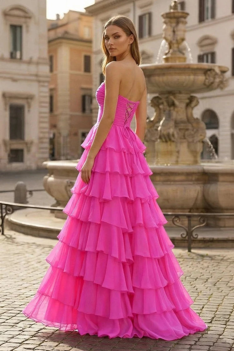 Vibrant A-Line Sweetheart Sleeveless Ruffled Floral Hot Pink Floor-Length Prom Dress Gown