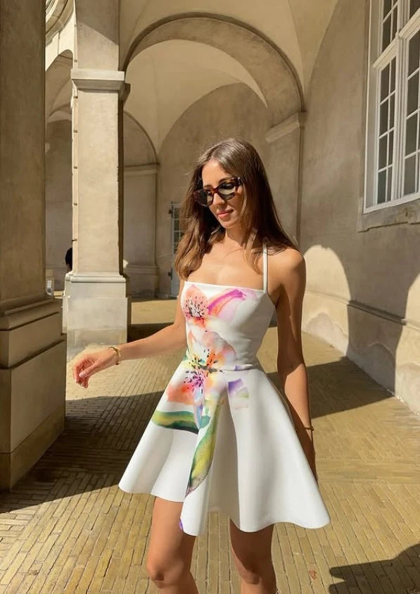 Vibrant Floral A-Line Halter Sleeveless White Mini Homecoming Dress