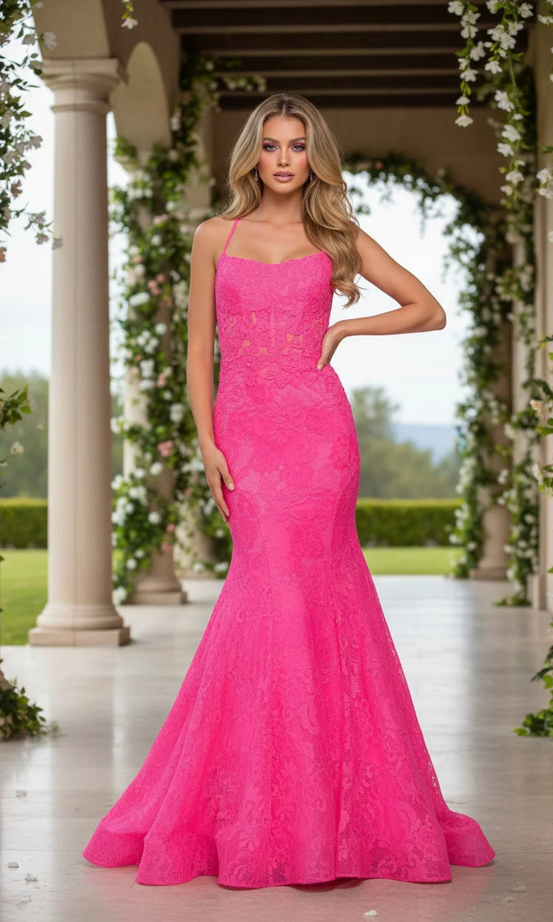Vibrant Mermaid Scoop Sleeveless Backless Corset Fuchsia Long Prom Dresses Women