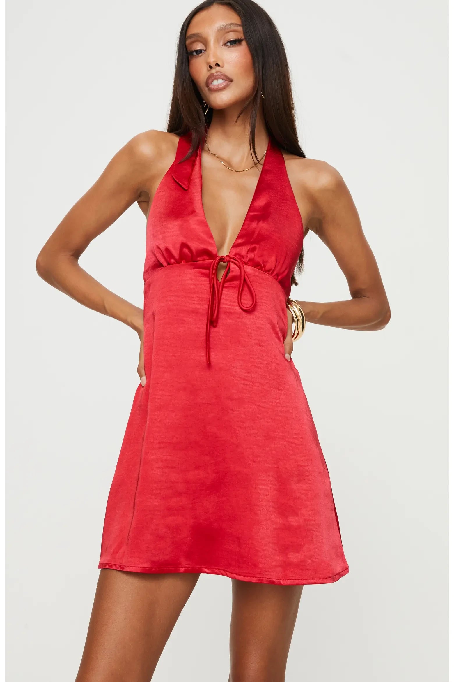 Vibrant Satin A-Line Plunge Halter Sleeveless Open Back Mini Homecoming Dresses