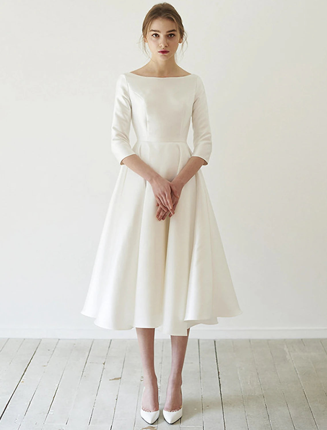 Vintage A-Line Scoop Neck 3/4 Sleeve Satin Tea Length White Wedding Dress.