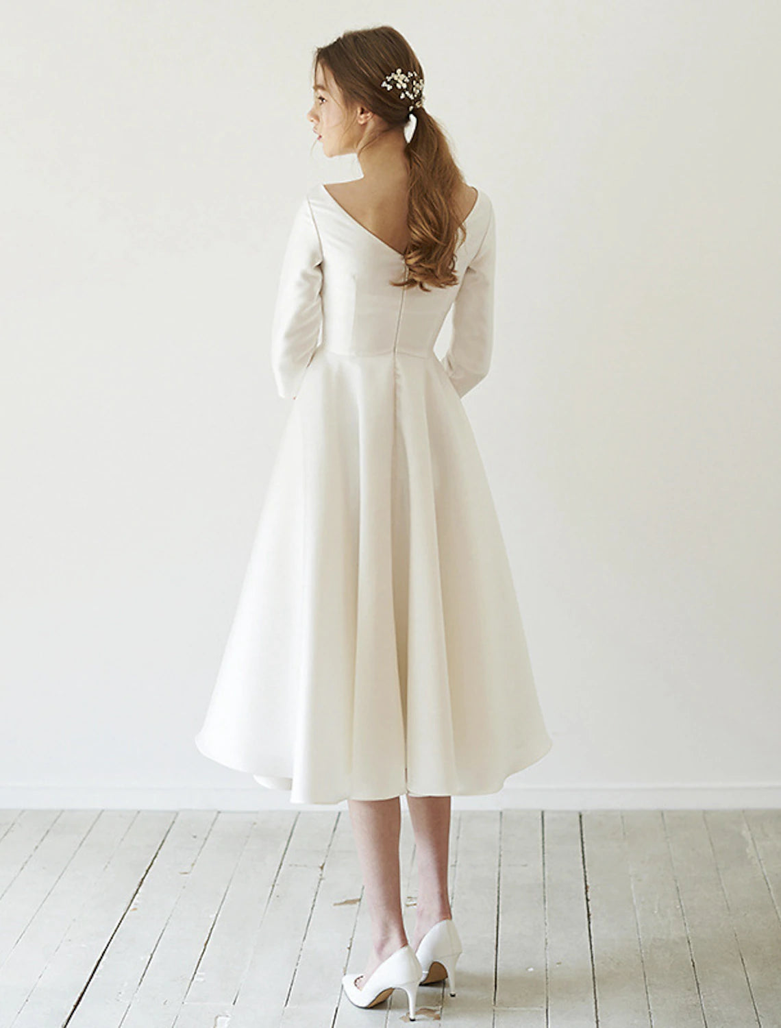 Vintage A-Line Scoop Neck 3/4 Sleeve Satin Tea Length White Wedding Dress.