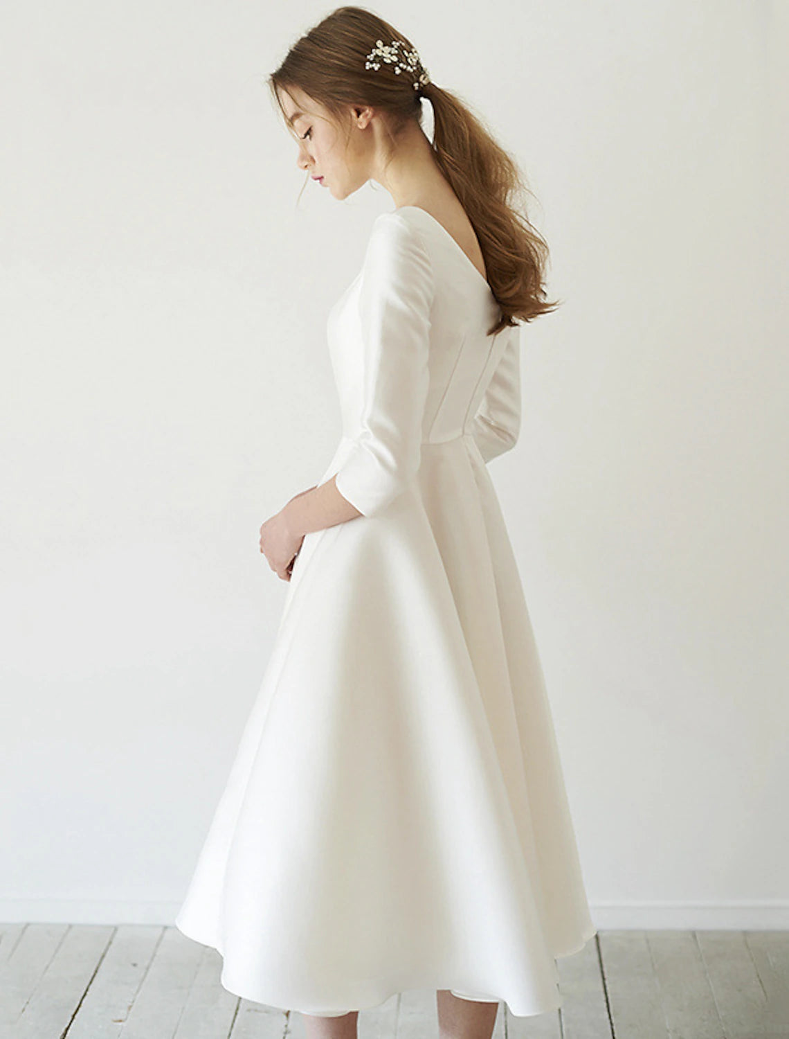 Vintage A-Line Scoop Neck 3/4 Sleeve Satin Tea Length White Wedding Dress.