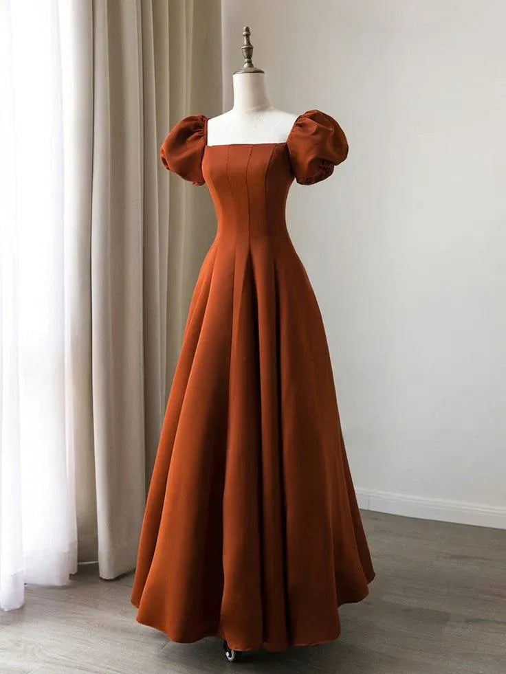Vintage A-Line Square Neck Puff Sleeve Lace-Up Terracotta Formal Floor-Length Evening Gown.