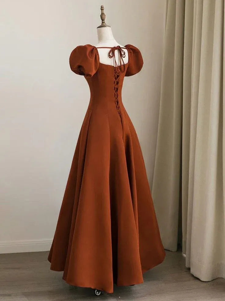 Vintage A-Line Square Neck Puff Sleeve Lace-Up Terracotta Formal Floor-Length Evening Gown.