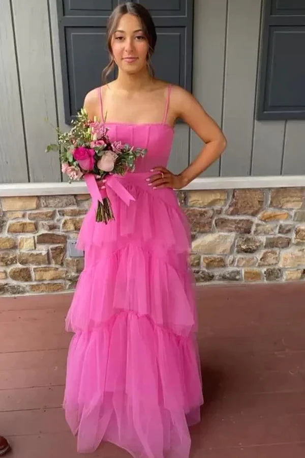 Vibrant A-Line Square Neck Spaghetti Strap Open Back Tiered Floor Length Evening Dress