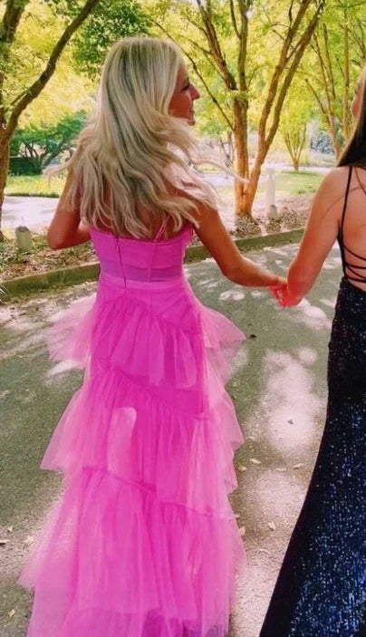 Vibrant A-Line Square Neck Spaghetti Strap Open Back Tiered Floor Length Evening Dress