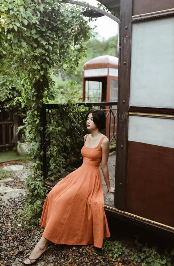 Vintage A-Line Square Neck Wide Strap Textured Fabric Midi Casual Evening Dress
