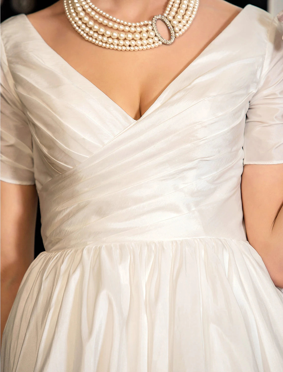 Vintage A-Line V-Neck Short Sleeve Lace Satin White Tea-Length Reception Wedding Dress.