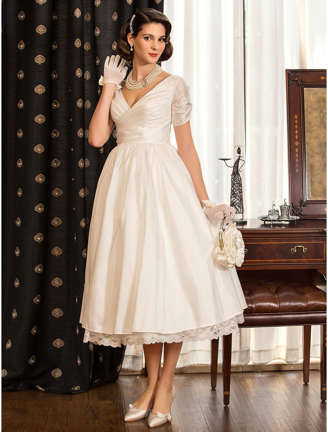 Vintage A-Line V-Neck Short Sleeve Lace Satin White Tea-Length Reception Wedding Dress.