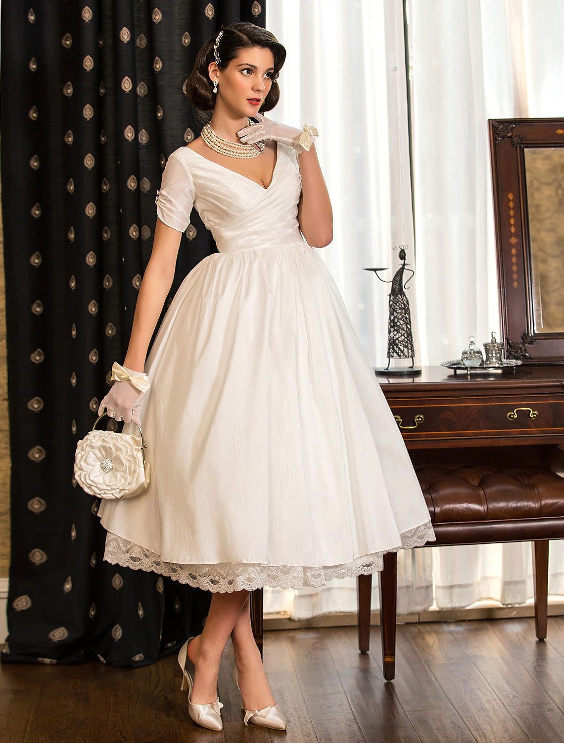 Vintage A-Line V-Neck Short Sleeve Lace Satin White Tea-Length Reception Wedding Dress.