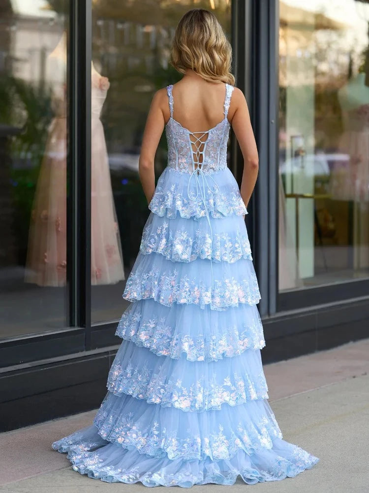 Vintage Ball-Gown Sweetheart Spaghetti-Strap Lace-Up-Back Ruffled-Hem Floor-Length Prom Dress
