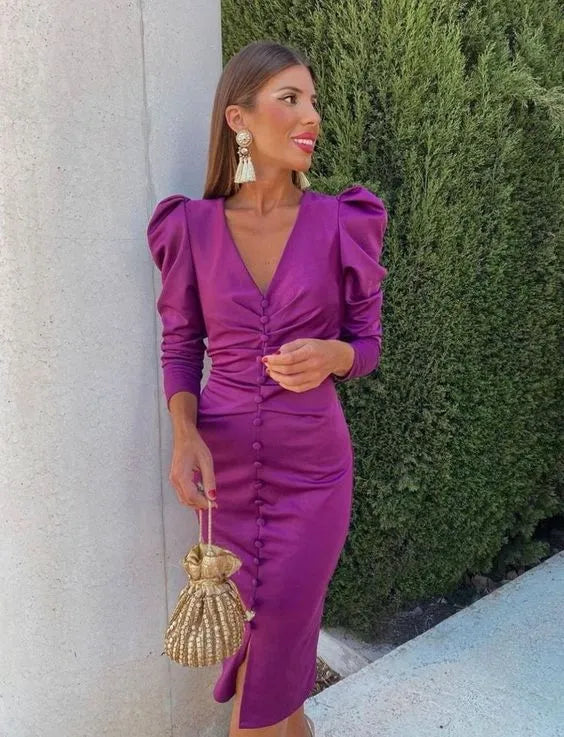 Vintage-Inspired Sheath V-Neck Long Puff Sleeve Plain Back Midi Length Formal Evening Dress