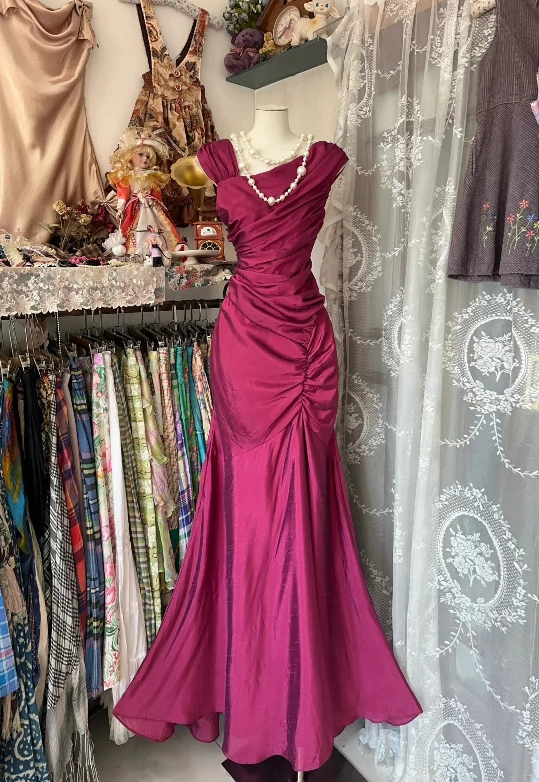 Vintage Mermaid Asymmetrical-Cap-Sleeve Sleeveless Floor-Length Evening Dress