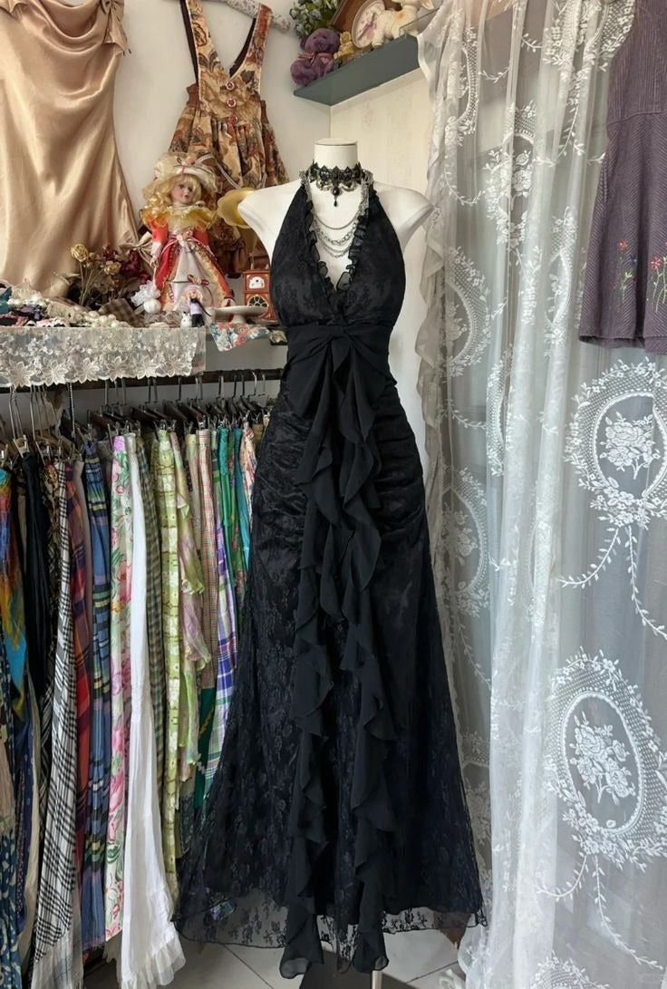 Vintage Mermaid Halter Neck Sleeveless Lace Up Back Tea Length Evening Dress