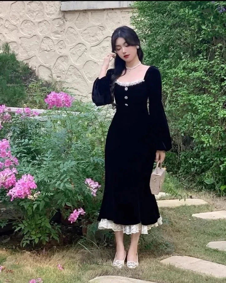 Vintage Mermaid Square-Neck Puff-Sleeve Lace-Trim Midi-Length Evening Dress